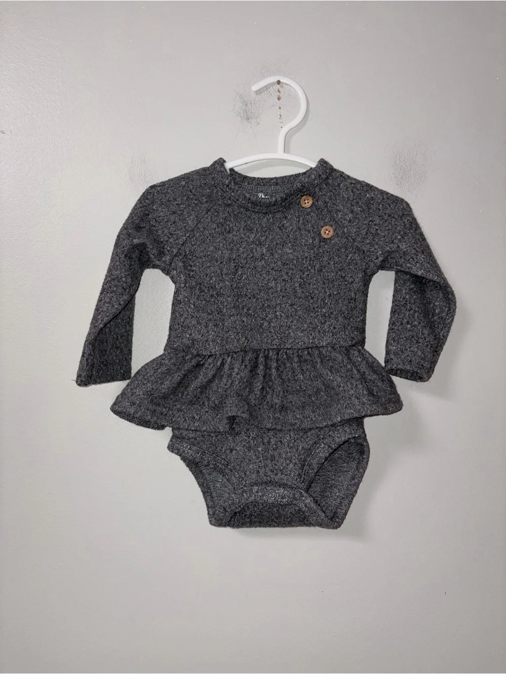 Princess Rose Dark Gray Long Sleeve Peplum Ruffle Waist Body Suit Girls 3-6M